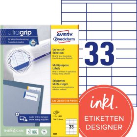 AVERY ZWECKFORM Universal-Etiketten 70x25,4mm 3421 weiss 3300 Stk./100 Blatt