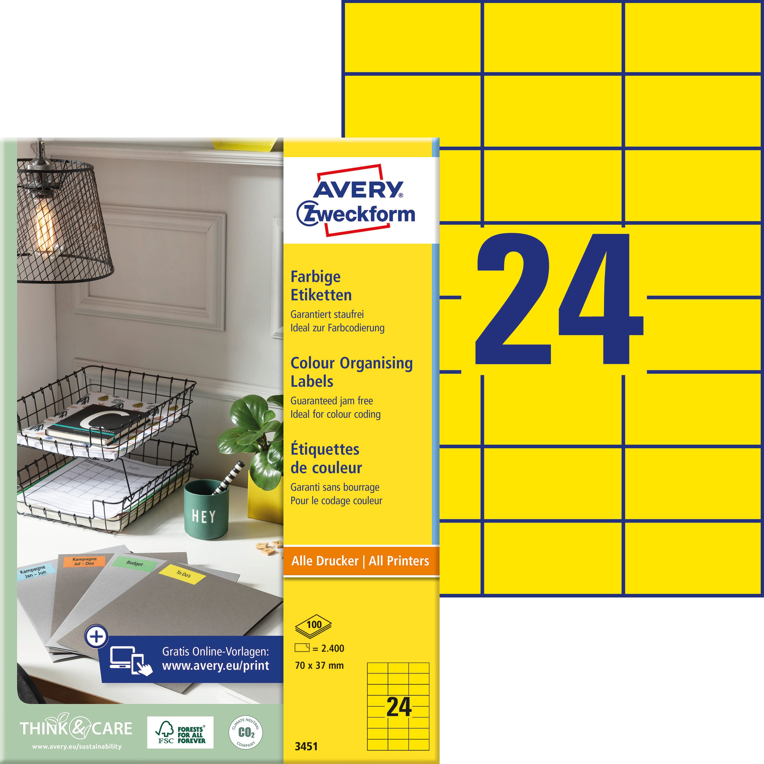 AVERY-ZWECKFORM-3451-4004182034514 AVERY ZWECKFORM Etiketten 70x37mm 3451 Universal, gelb 100Bl./24St. – Hochwertig & günstig bei ShopDeca