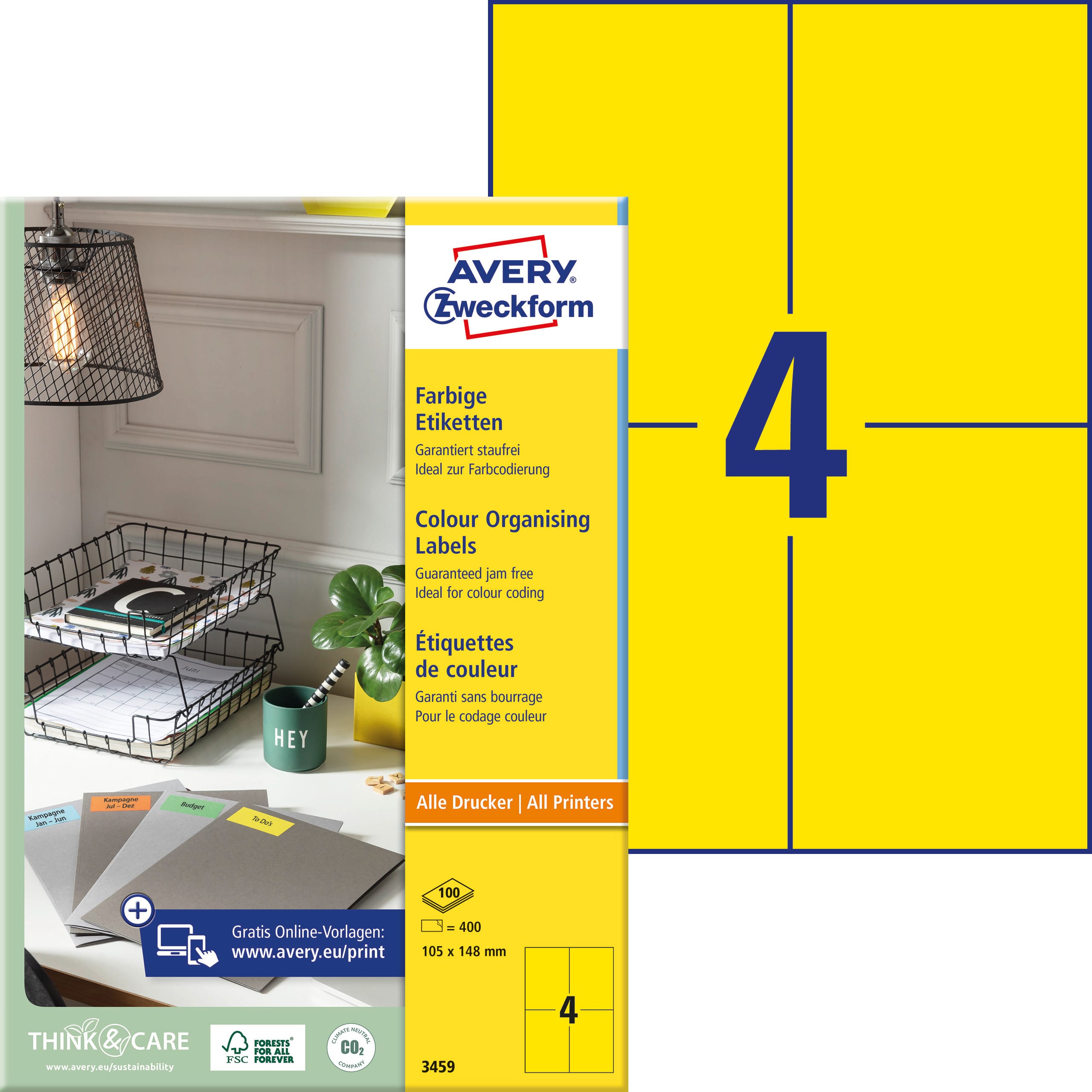 AVERY-ZWECKFORM-3459-4004182034590 AVERY ZWECKFORM Etiketten 105x148mm 3459 Universal, gelb 100Bl./400St. – Hochwertig & günstig bei ShopDeca