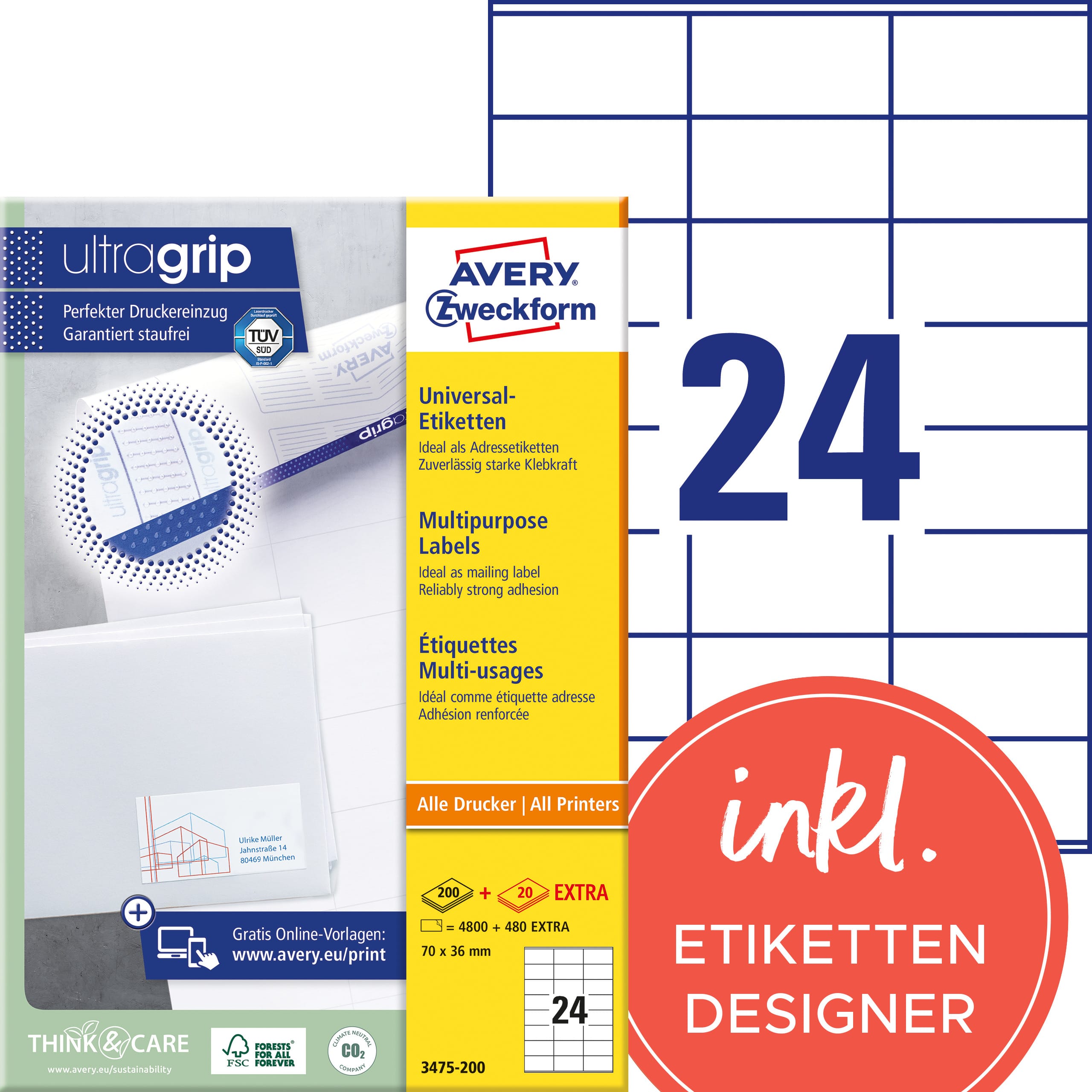 AVERY-ZWECKFORM-3475-200-4004182249505 AVERY ZWECKFORM Etiketten 70x36mm 3475-200 weiss 5280 Stk./200+20 Blatt – Hochwertig & günstig bei ShopDeca