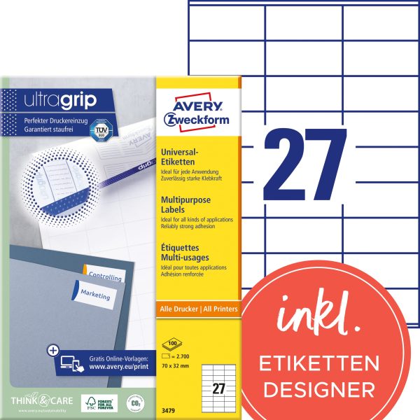 AVERY ZWECKFORM Universal-Etiketten 70x32mm 3479 weiss 2700 Stk./100 Blatt