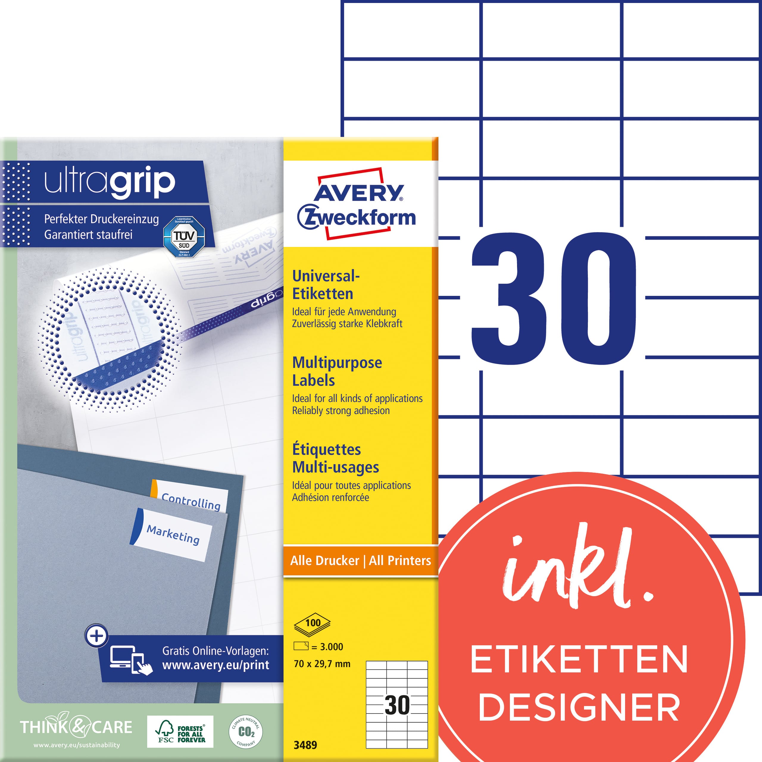 AVERY-ZWECKFORM-3489-4004182034897 AVERY ZWECKFORM Universal-Etiketten 70x29.7mm 3489 weiss 3000 Stk./100 Blatt – Hochwertig & günstig bei ShopDeca