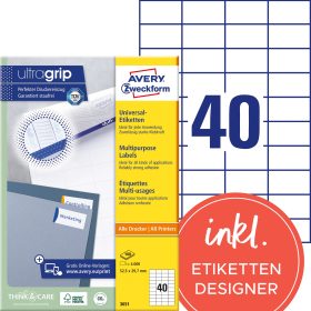 AVERY ZWECKFORM Universal-Etikett. 52,5x29,7mm 3651 weiss 4000 Stk./100 Blatt