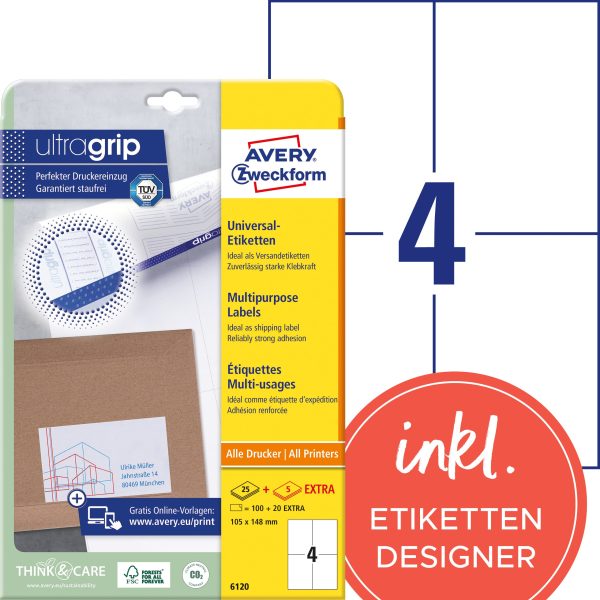 AVERY ZWECKFORM Universal-Etiketten 105x148mm 6120 weiss 120 Stk./25 + 5 Blatt