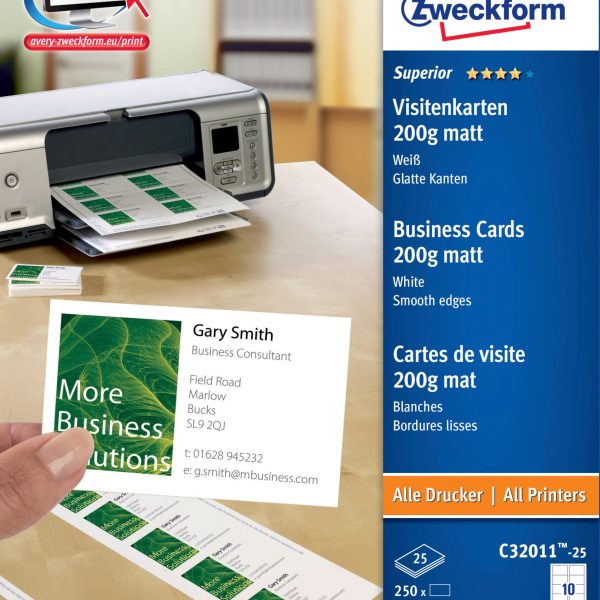 AVERY ZWECKFORM Visitenkarten matt 85x54mm C32011-25 Univer.200g,weiss 25Bl./10St.