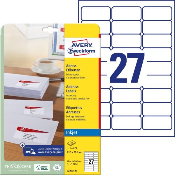 AVERY ZWECKFORM Adressetiketten 63,5x29,6mm J4792-25 InkJet, weiss 675 Stk./25 Bl.