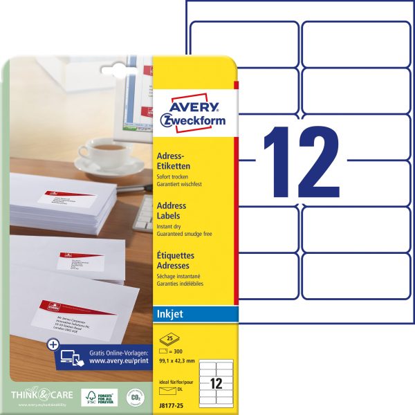 AVERY ZWECKFORM Adressetiketten 99,1x42,3mm J8177-25 InkJet, weiss 300 Stk./25 Bl.