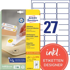 AVERY ZWECKFORM Universal-Etikett. 63.5x29.6mm L4737REV-25 weiss 810 Stk./25 + 5 Blatt