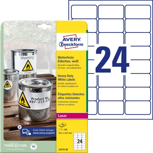 AVERY ZWECKFORM Folienetiketten 63,5x33,9mm L4773-20 wetterfest, perm.480Stk./20Bl.