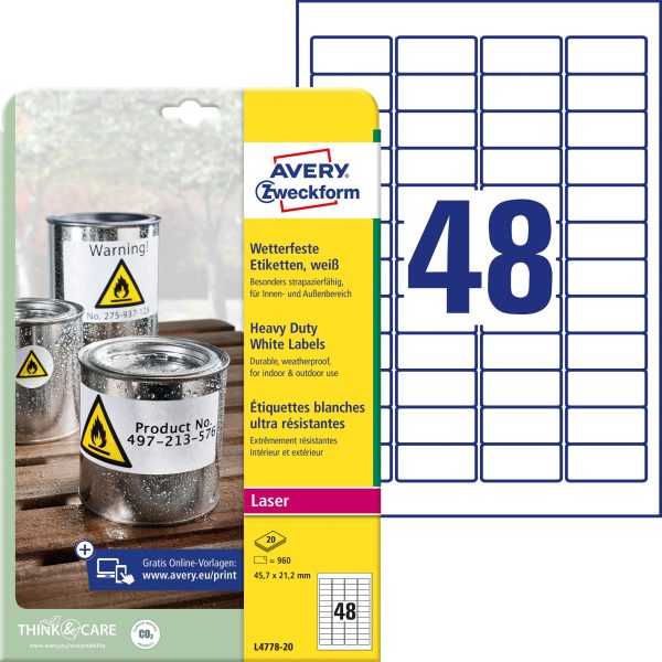 AVERY ZWECKFORM Etiketten 45,7x21,2mm L4778-20 Folie, wetterfest 960 Stk./20