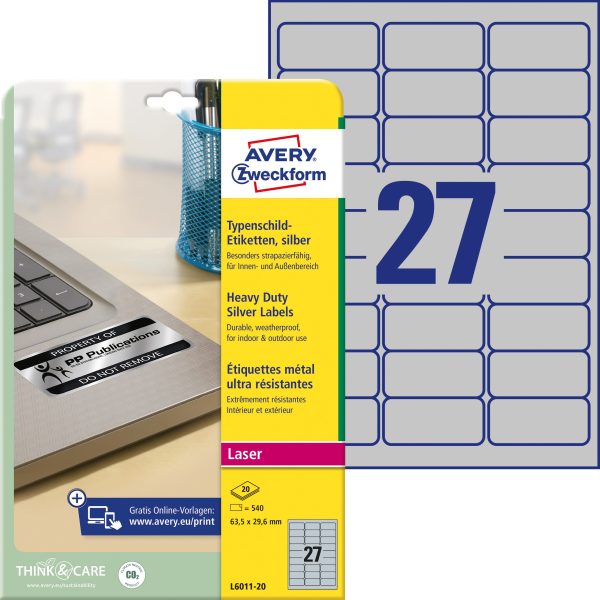 AVERY ZWECKFORM Typenschild-Labels 63,5x29,6mm L6011-20 silber 540Stk./20Bl.