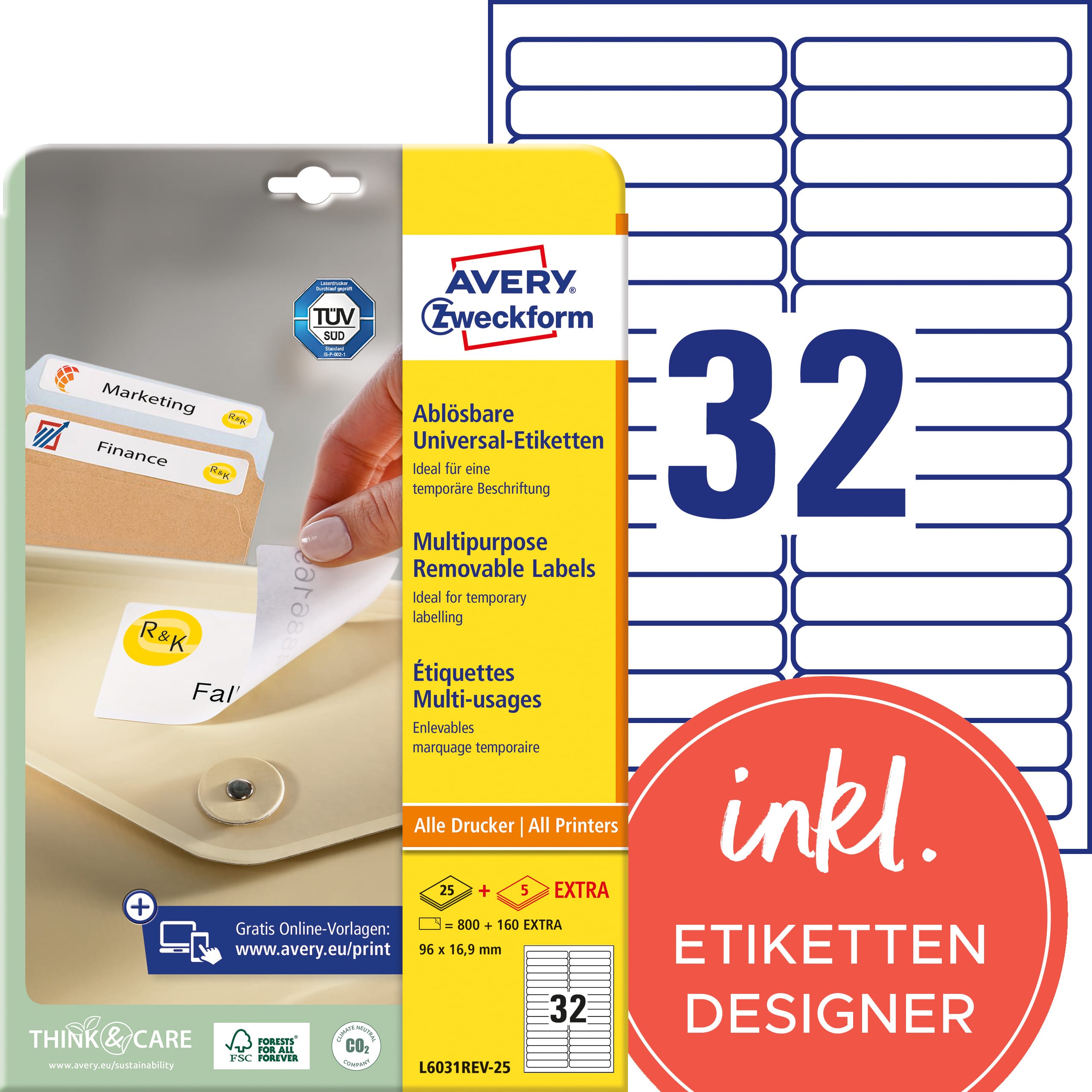 AVERY-ZWECKFORM-L6031REV2-4004182060315 AVERY ZWECKFORM Etiketten 96x16,9mm L6031REV2 weiss 960 Stk./25 + 5 Blatt – Hochwertig & günstig bei ShopDeca