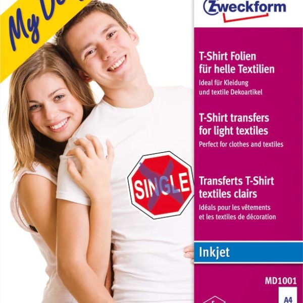 AVERY ZWECKFORM Textilfolie Iron-on A4 MD1001 Inkjet helle Textilien 5 Stk.