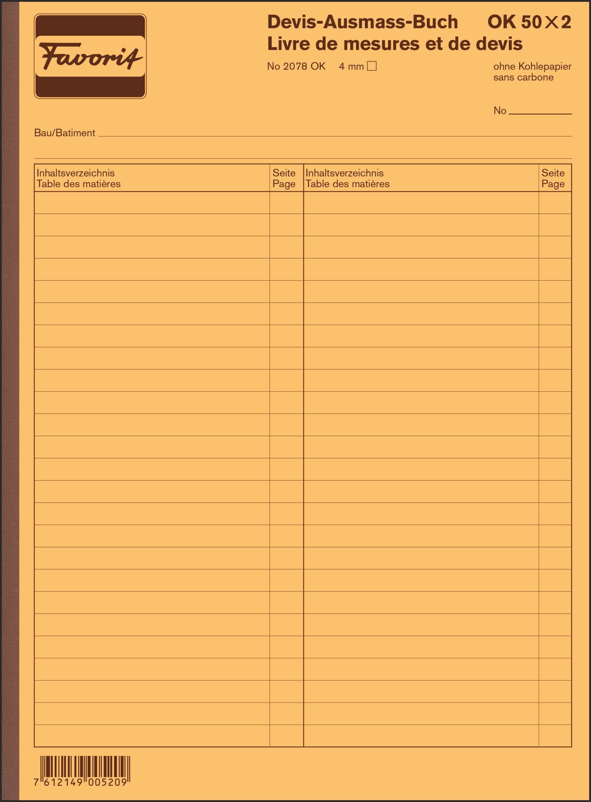 FAVORIT-2078-OK-7612149005209 FAVORIT Devis Ausmassbuch D/F A4 2078 OK weiss 50x2 Blatt – Hochwertig & günstig bei ShopDeca