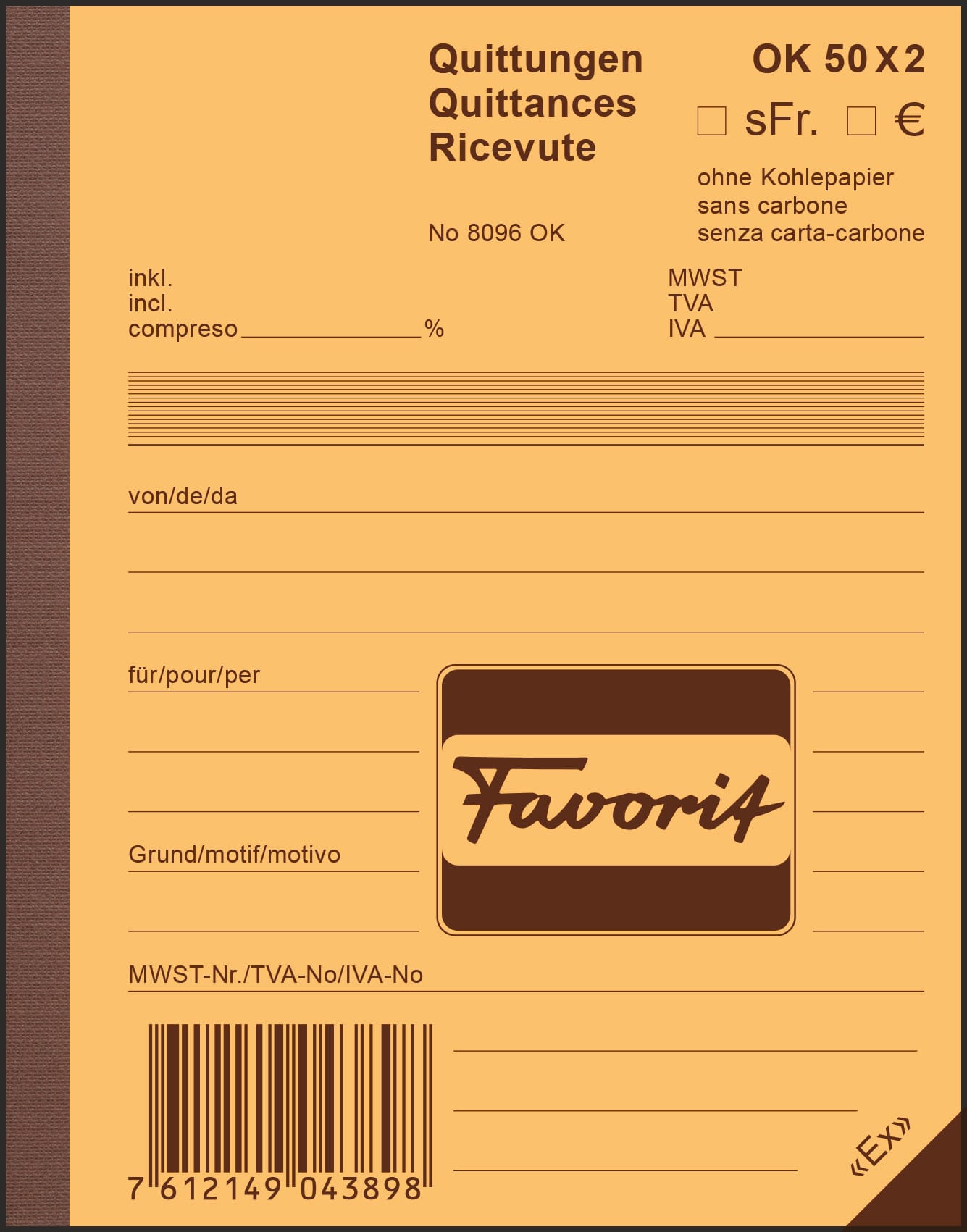 FAVORIT-8096OK-7612149043898 FAVORIT Quittungen D/F/I A6 8096OK blau/weiss 50x2 Blatt – Hochwertig & günstig bei ShopDeca