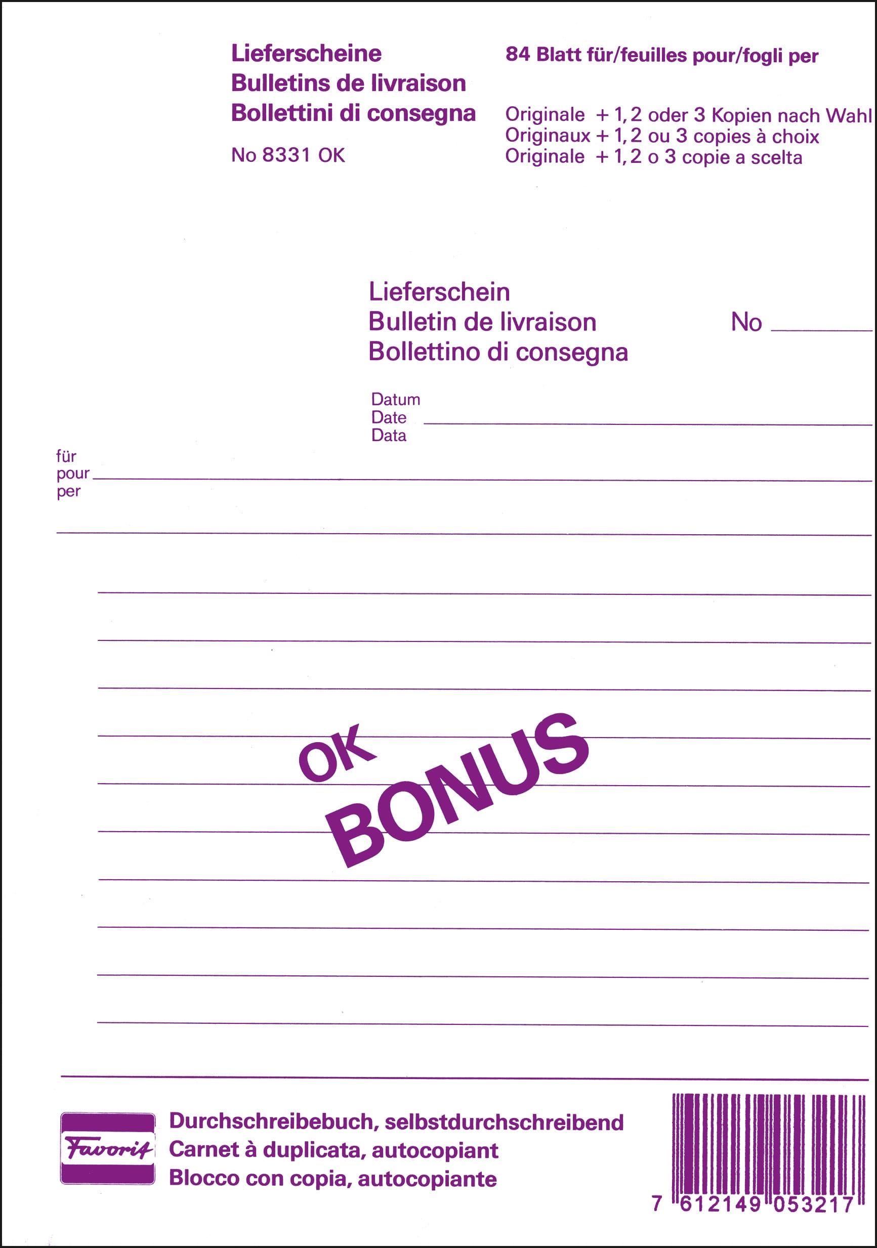 FAVORIT-8331OK-7612149053217 FAVORIT Lieferscheine D/FI A5 8331OK weiss 84 Blatt – Hochwertig & günstig bei ShopDeca