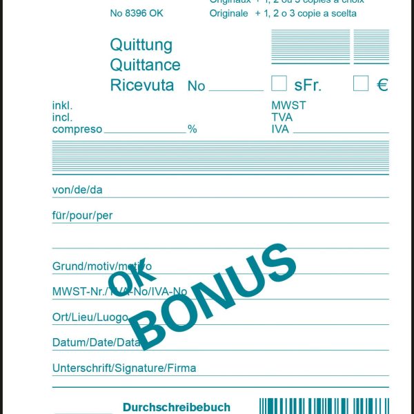 FAVORIT Quittungen OK BONUS D/F/I A6 8396 OK Durchschreibepapier 84 Blatt