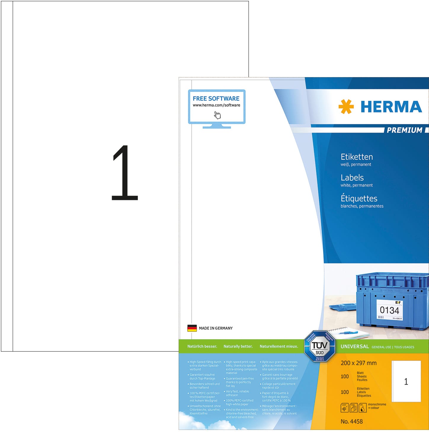 HERMA-4458-4008705044585 HERMA Universal-Etiketten 200x297mm 4458 weiss 100 St./100 Blatt – Hochwertig & günstig bei ShopDeca