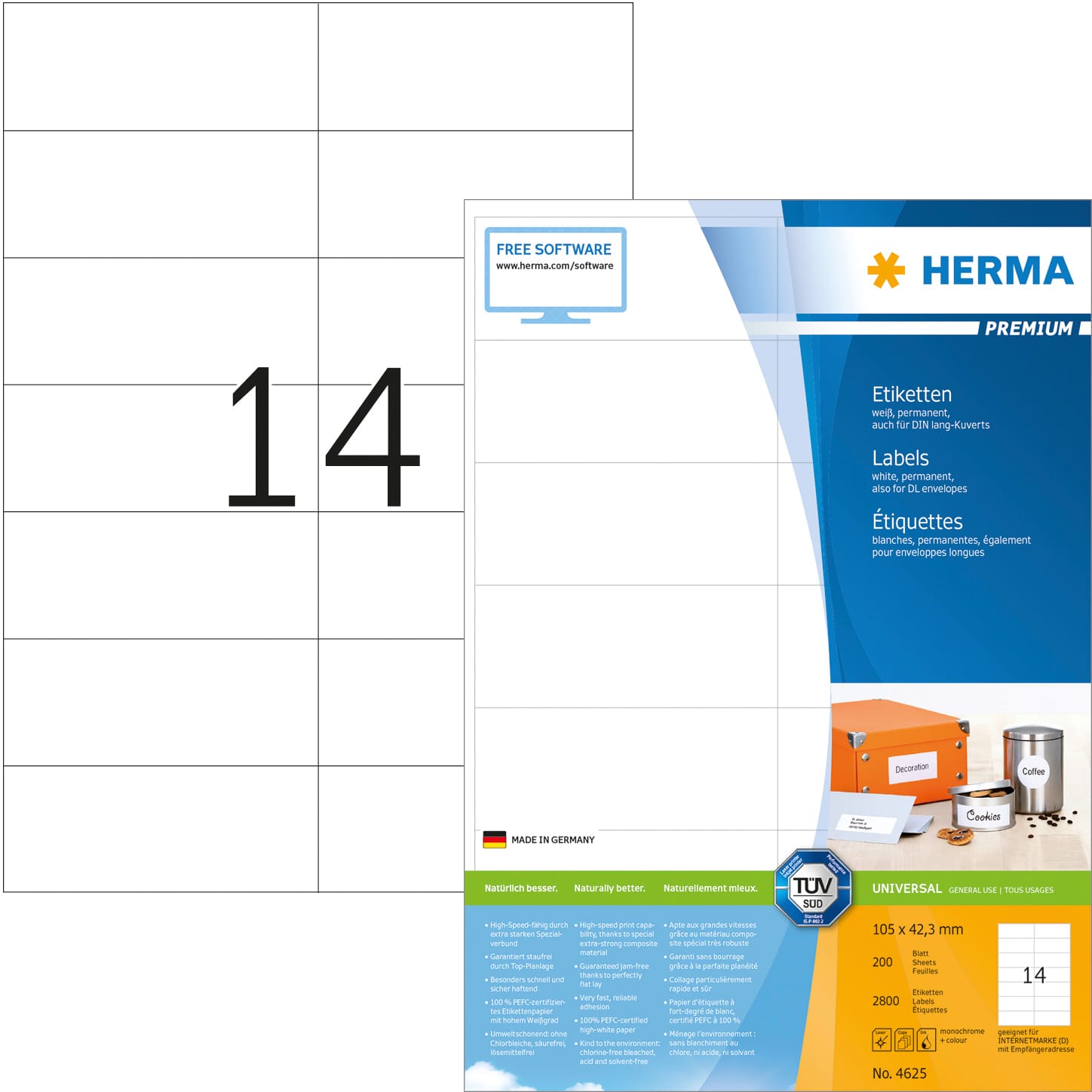 HERMA-4625-4008705046251 HERMA Universal-Etiketten 105x42,3mm 4625 weiss 2800 St./200 Blatt – Hochwertig & günstig bei ShopDeca