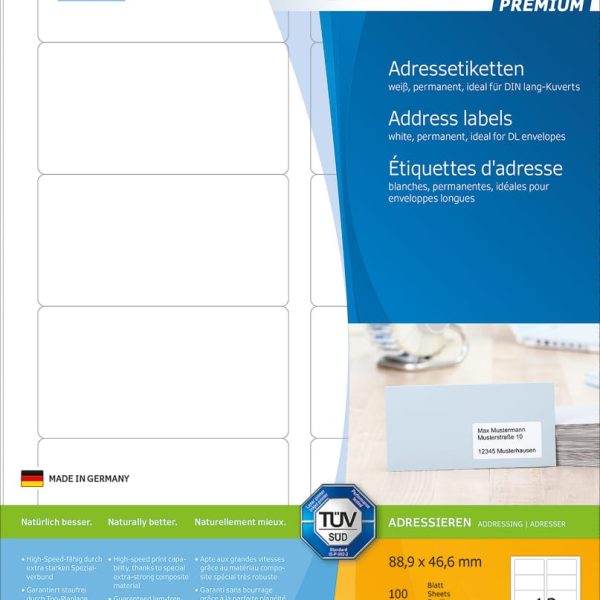 HERMA Etiketten PREMIUM 88.9x46.6mm 4666 weiss,perm. 1200 St./100 Bl.