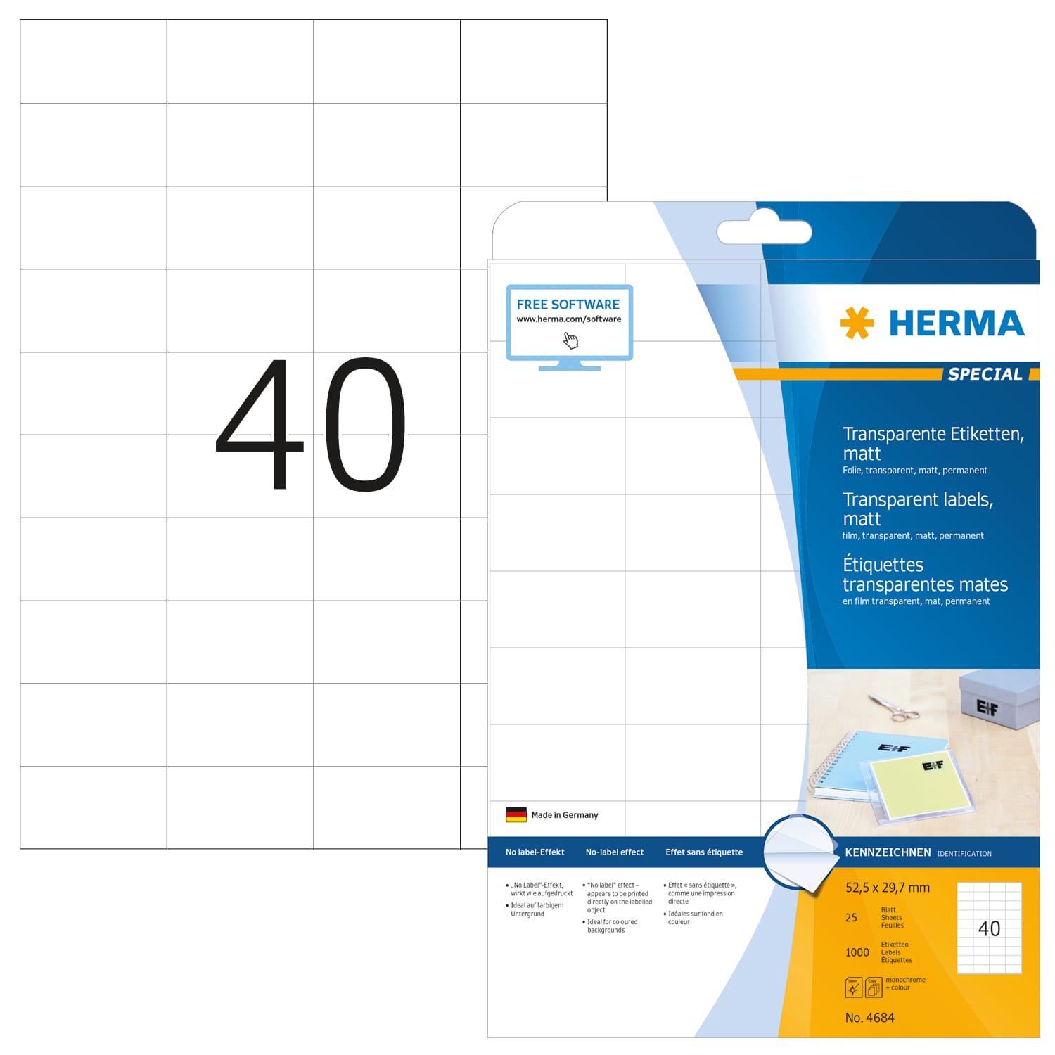 HERMA-4684-4008705046848 HERMA Etiketten Special 52,5x29,7mm 4684 transparent 25 Blatt – Hochwertig & günstig bei ShopDeca