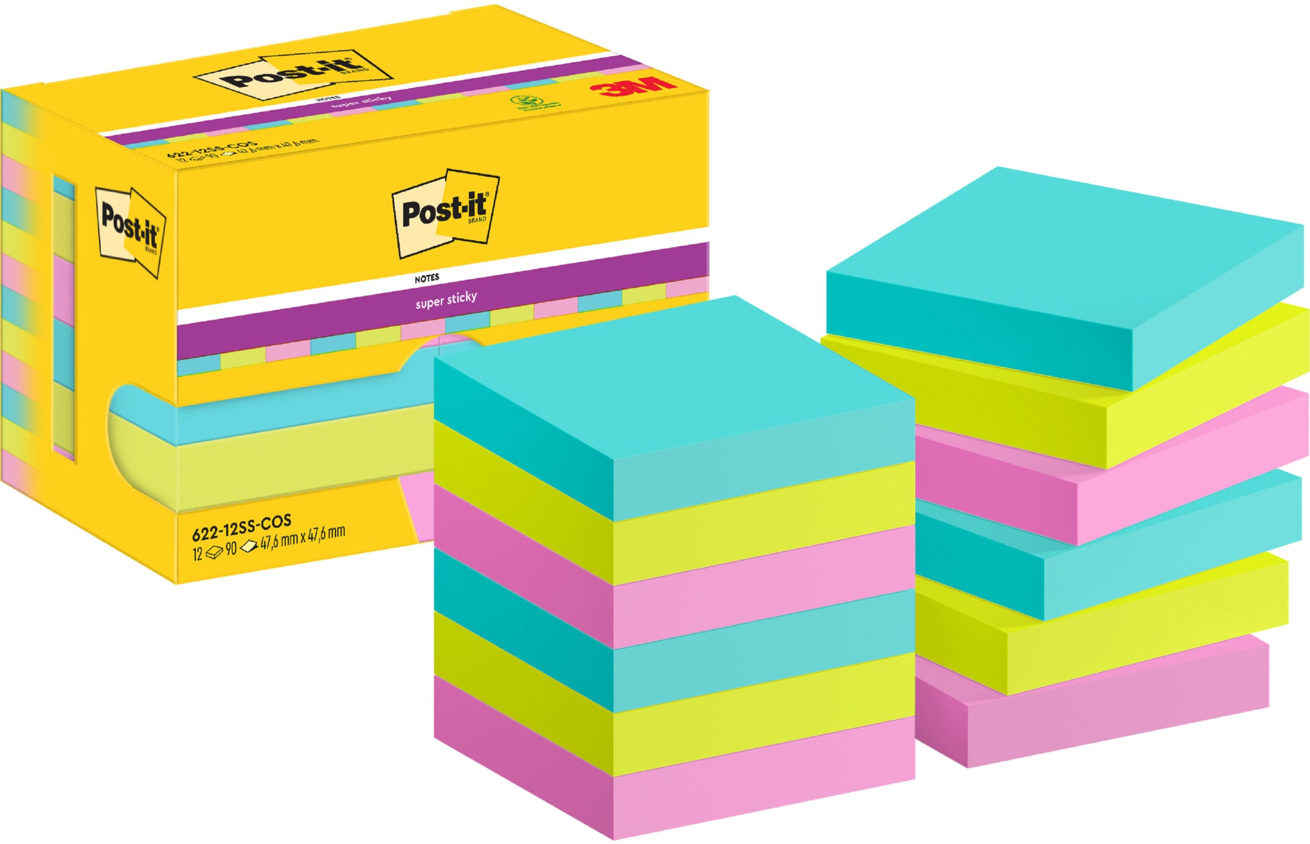 POST-IT-622-12SS-COS-4064035065737 POST-IT Super Sticky Notes 47.6x47.6mm 622-12SS-COS 3-farbig 12x90 Blatt – Hochwertig & günstig bei ShopDeca