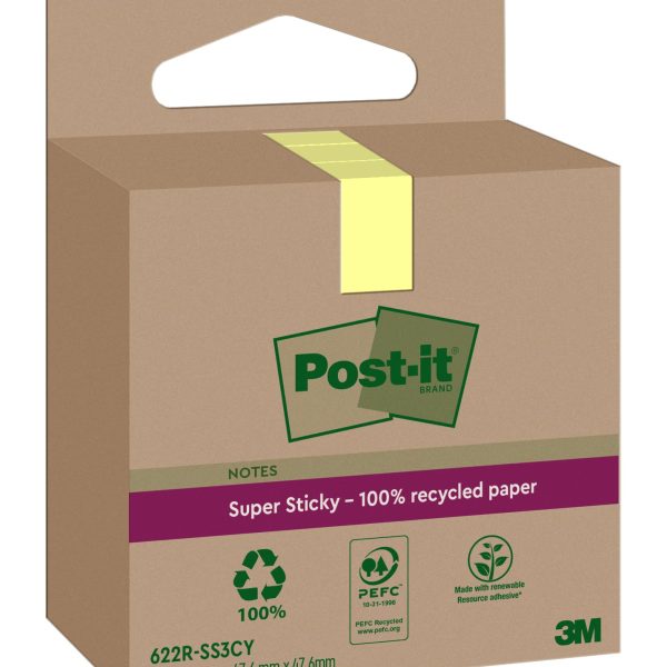 POST-IT SuperSticky Notes 47.6x47.6mm 622 RSS3CY Recycling,gelb 3x70 Blatt