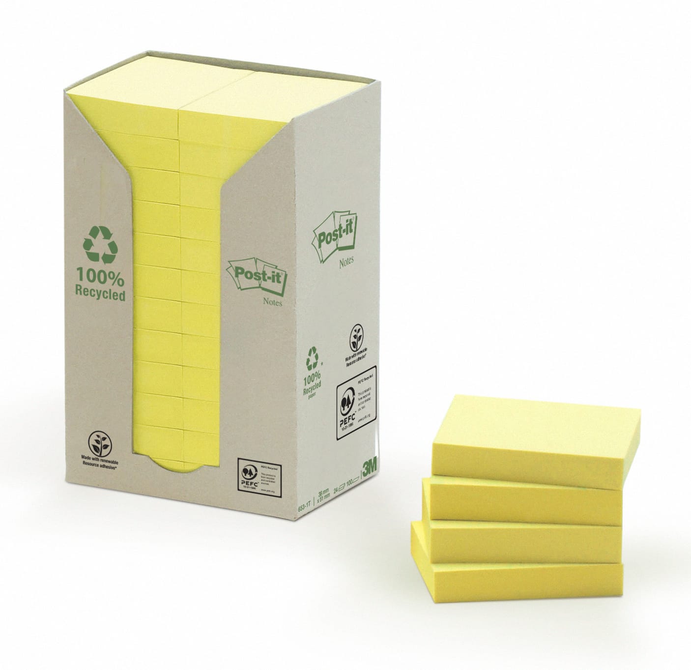 POST-IT-653-1T-4054596723016 POST-IT Haftnotizen Recycling 51x38mm 653-1T gelb, 24x100 Blatt – Hochwertig & günstig bei ShopDeca