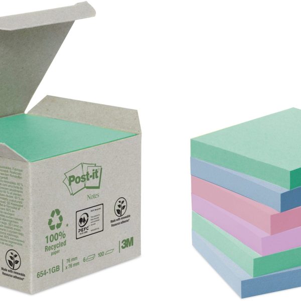 POST-IT Haftnotizen Recycling 76x76mm 654-1GB rainbow 6x100 Blatt