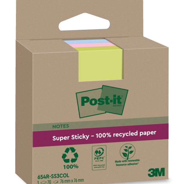 POST-IT SuperSticky Notes 76x76mm 654 RSS3COL Recycling,assort. 3x70 Blatt