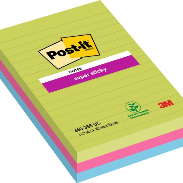 POST-IT Block Super Sticky 102x152mm 660-3SSUC 3-farbig ass.,3x90Bl.,liniert