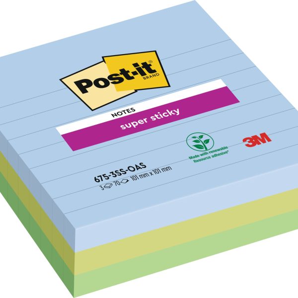 POST-IT Super Sticky Oasis 101x101mm 675-3SS-OAS 3-farbig ass. 3x70Bl. liniert