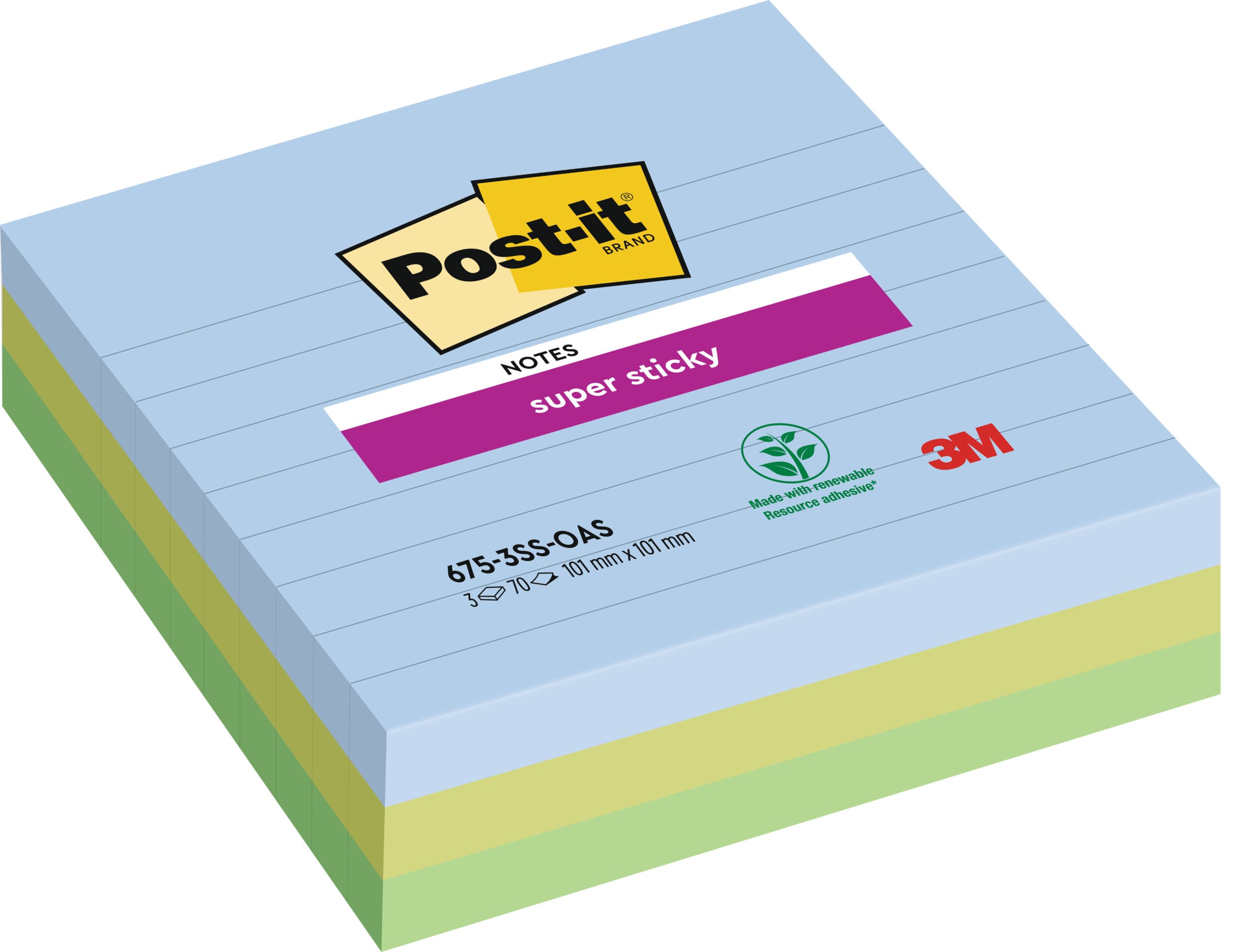 POST-IT-675-3SS-OAS-4054596926974 POST-IT Super Sticky Oasis 101x101mm 675-3SS-OAS 3-farbig ass. 3x70Bl. liniert – Hochwertig & günstig bei ShopDeca