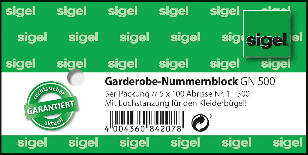 SIGEL-GN500-4004360842078 SIGEL Garderobe-Nummernblock GN500 num.1-500,2fbg,sort,5x100 BL – Hochwertig & günstig bei ShopDeca