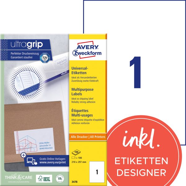 AVERY ZWECKFORM Universal-Etiketten 210x297mm 3478 weiss 100 Stk./100 Blatt