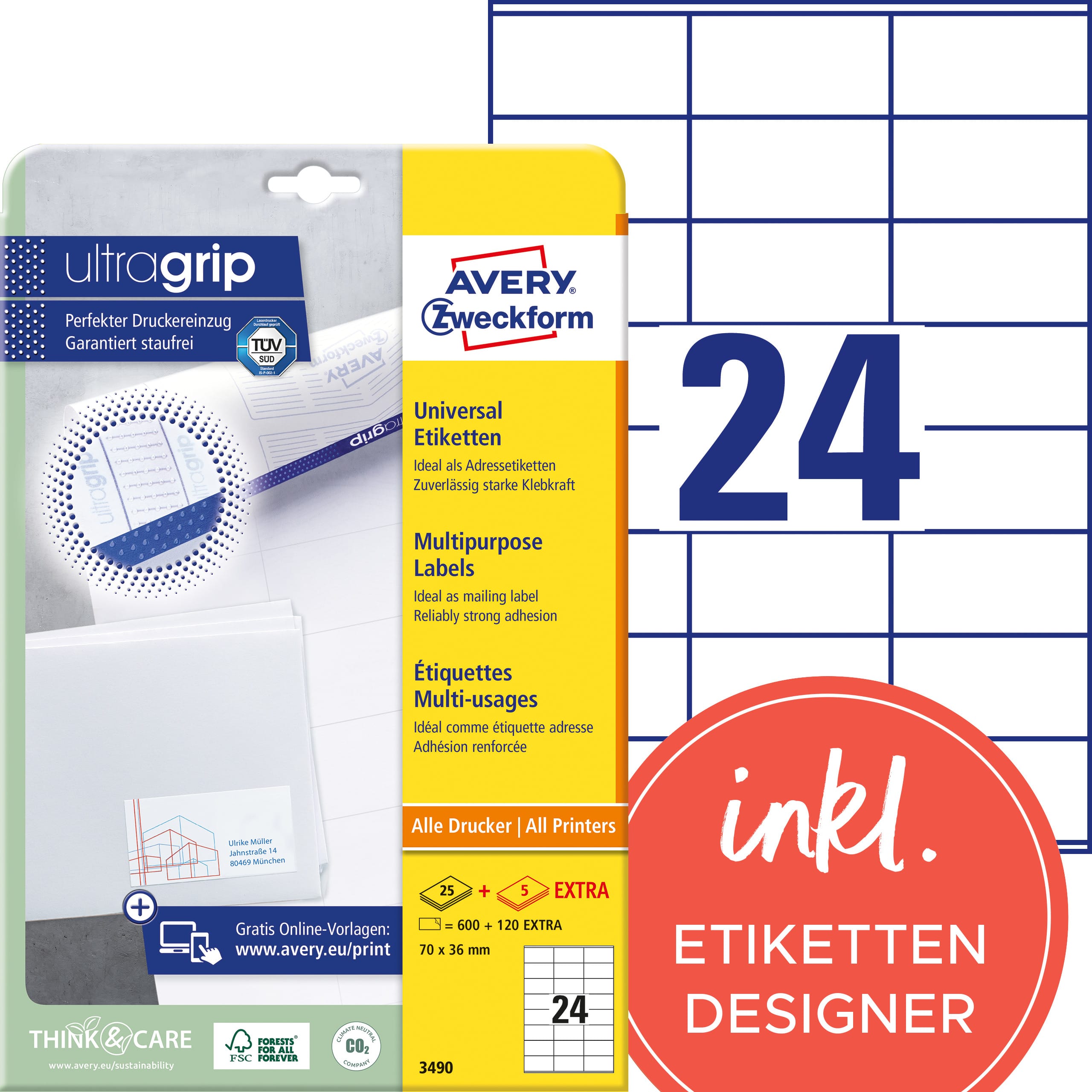 AVERY-ZWECKFORM-3490-4004182034903 AVERY ZWECKFORM Universal-Etiketten 70x36mm 3490 weiss 720 Stk./25 + 5 Blatt – Hochwertig & günstig bei ShopDeca