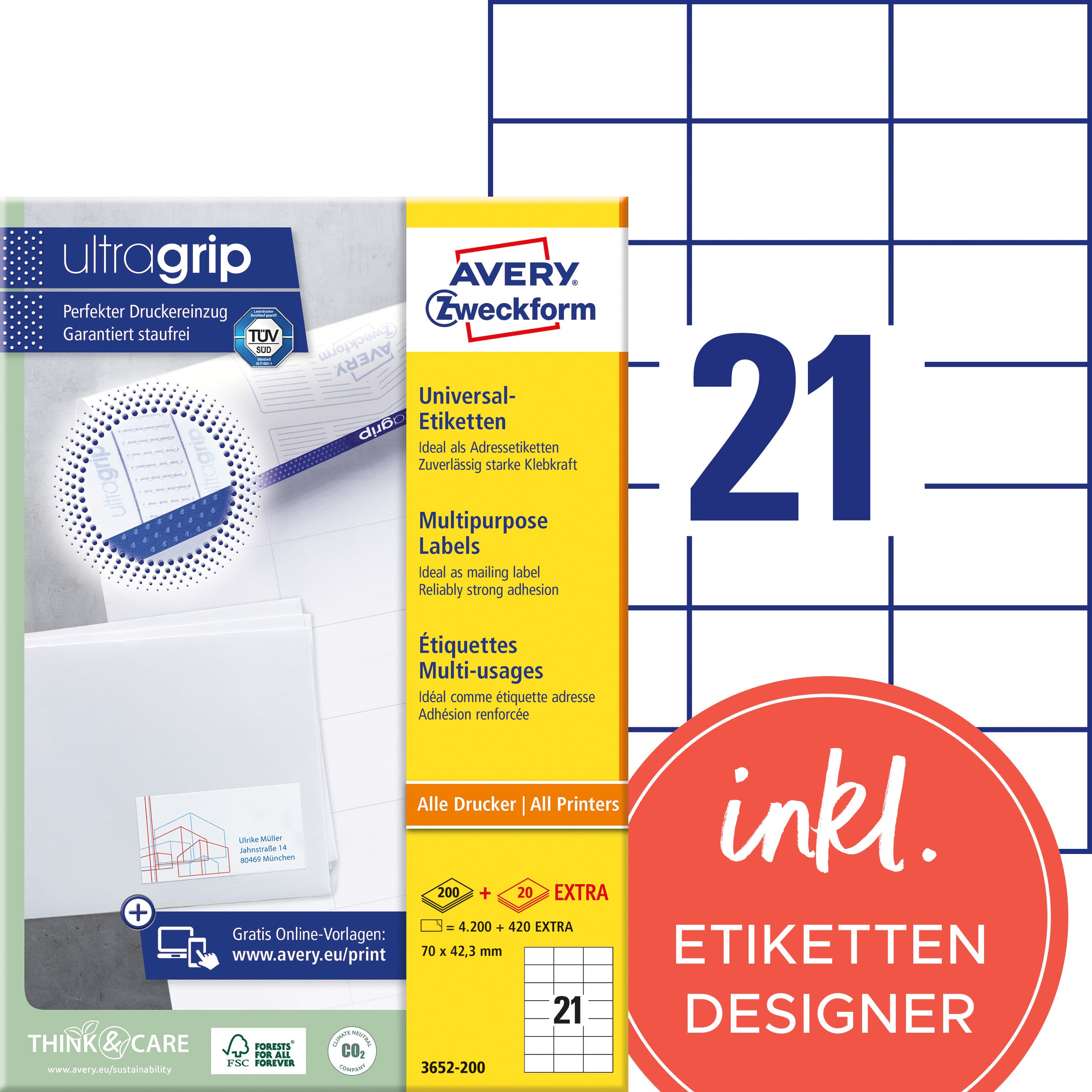 AVERY-ZWECKFORM-3652-200-4004182249529 AVERY ZWECKFORM Etiketten 70x42,3mm 3652-200 weiss 4620 Stk./200+20 Blatt – Hochwertig & günstig bei ShopDeca