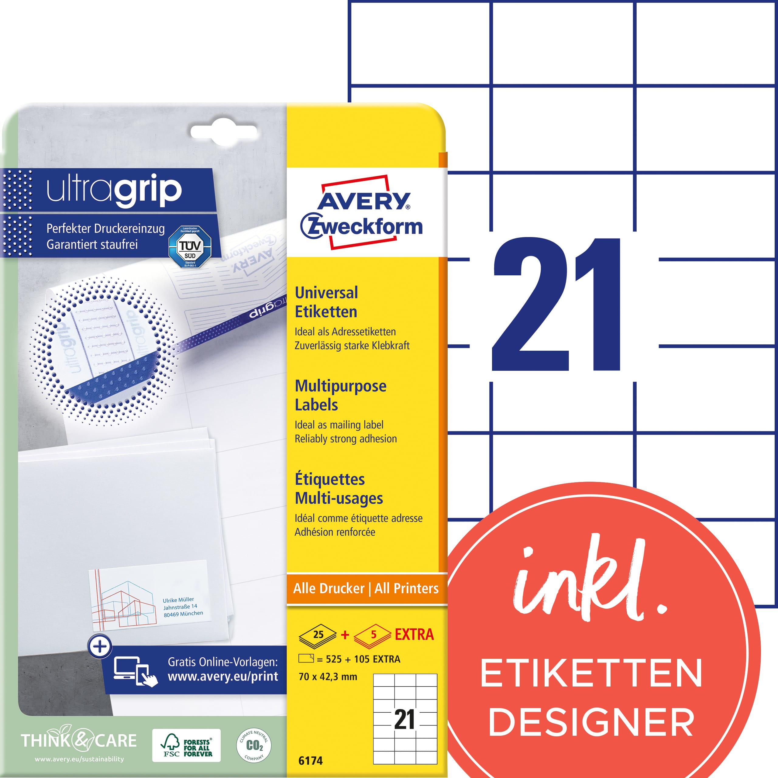 AVERY-ZWECKFORM-6174-4004182433362 AVERY ZWECKFORM Universaletiketten 70x42,3mm 6174 weiss 630 Stk./25 + 5 Blatt – Hochwertig & günstig bei ShopDeca