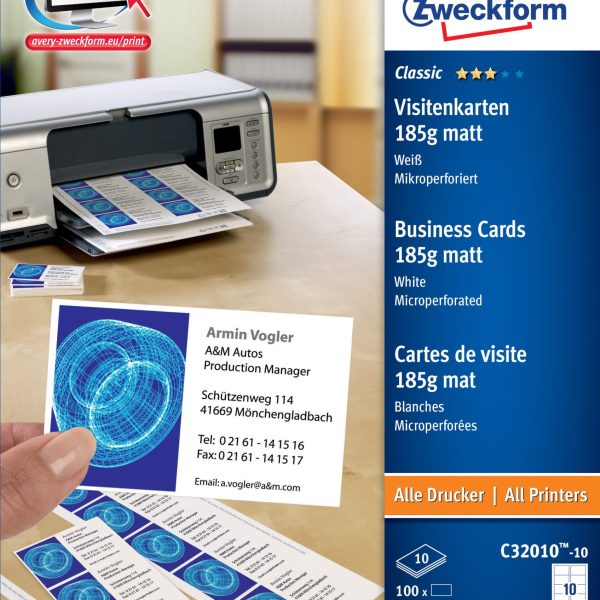 AVERY ZWECKFORM Prof. Visitenkarten Univer. A4 C32010-10 185g matt 10 Blatt