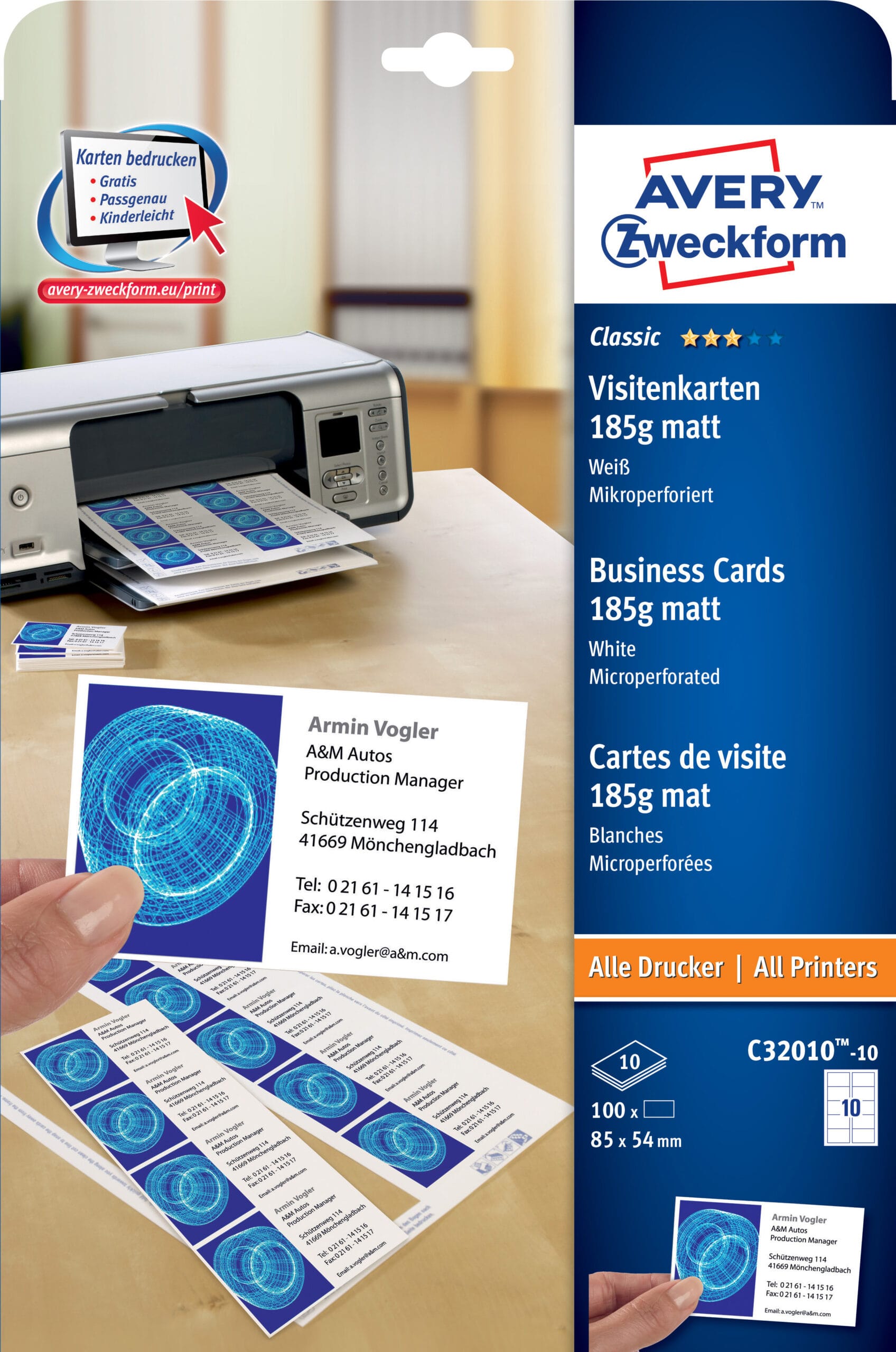 AVERY-ZWECKFORM-C32010-10-4004182242650 AVERY ZWECKFORM Prof. Visitenkarten Univer. A4 C32010-10 185g matt 10 Blatt – Hochwertig & günstig bei ShopDeca