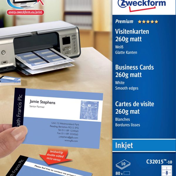 AVERY ZWECKFORM Visitenkarten 85x54mm C32015-10 weiss, matt, 260g/m2 80 Karten