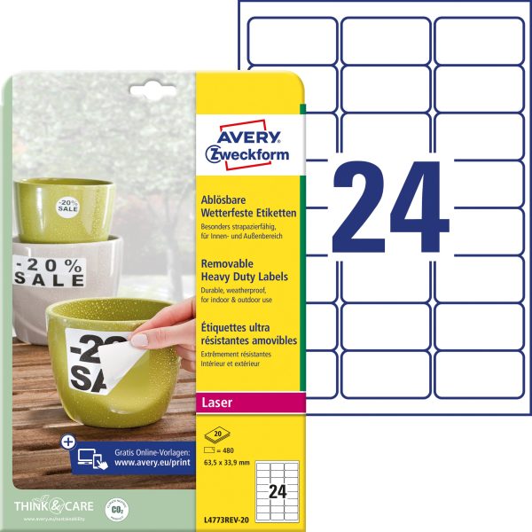AVERY ZWECKFORM Folienetiketten 63,5x33,9mm L4773REV-20 weiss-non-perm.480 St./20 Bl.