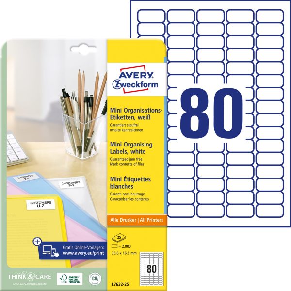 AVERY ZWECKFORM Mini Etiketten weiss L7632-25 2000 Stk./25 Blatt