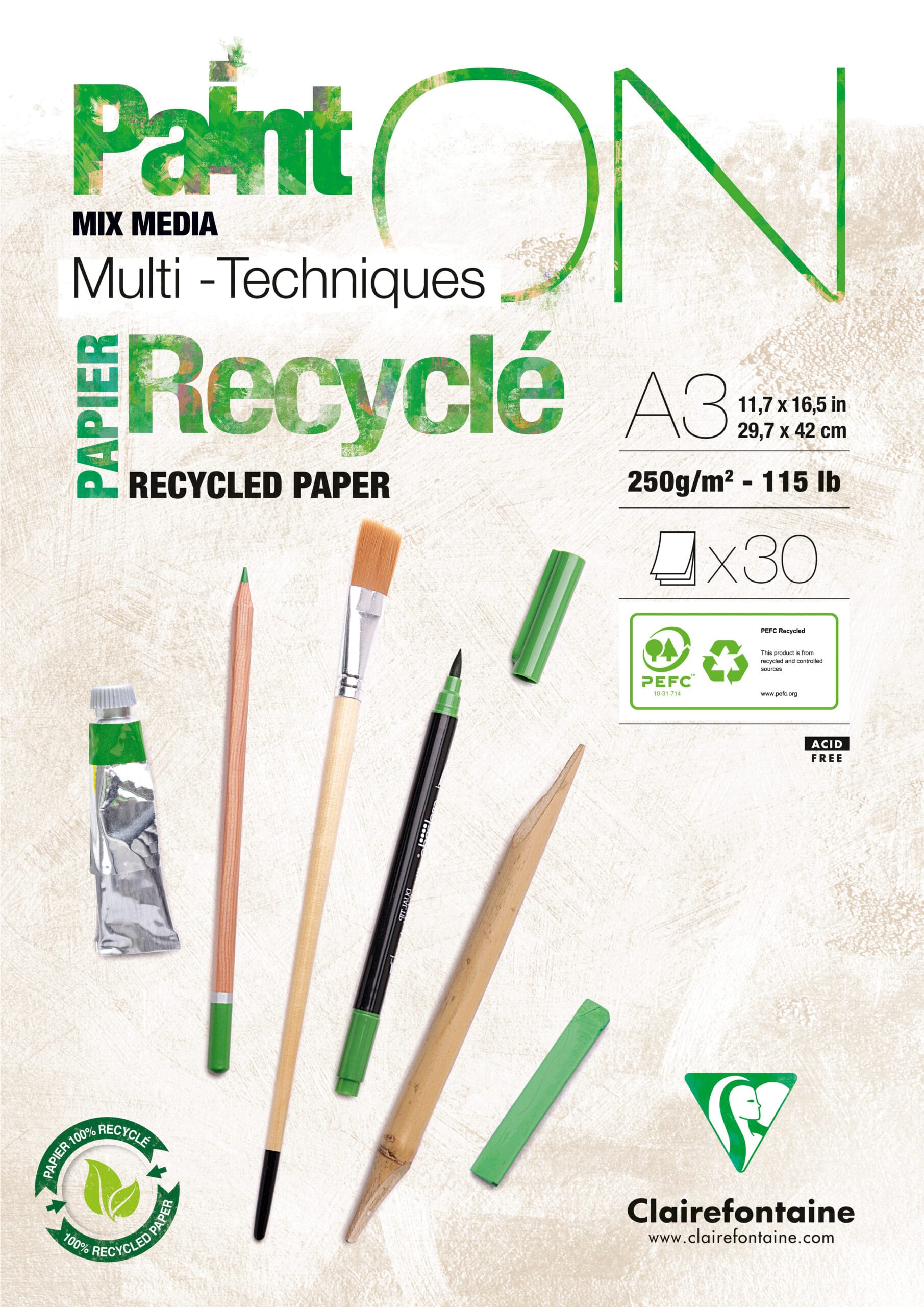 CLAIREFONTAINE-975742C-3329689757423 CLAIREFONTAINE Paint'On Block A3 975742C weiss, recycling 30 Blatt – Hochwertig & günstig bei ShopDeca