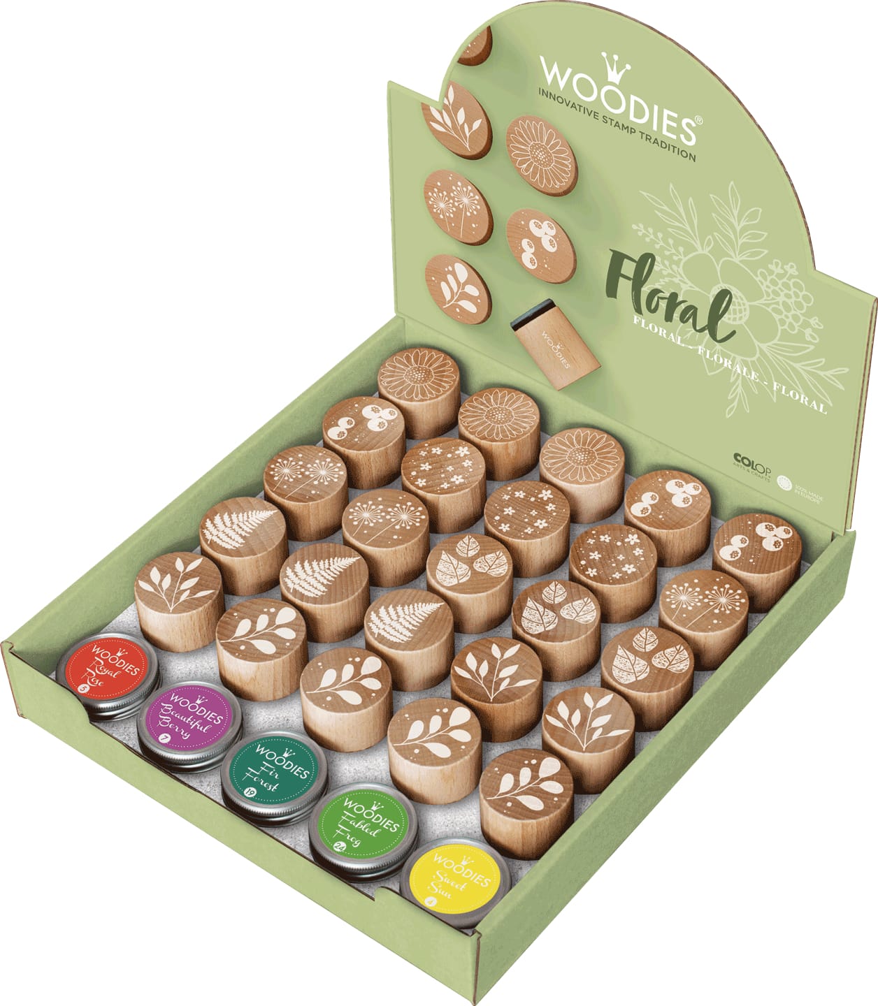 COLOP-165670-9004362535614 COLOP Woodies Display Floral 165670 25 Stempel, 5 Kissen – Hochwertig & günstig bei ShopDeca