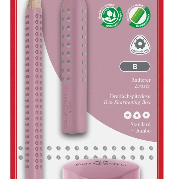 FABER-CASTELL Bleistift B/Radierer/Spitzer 580082 Jumbo Grip Set rose shadows