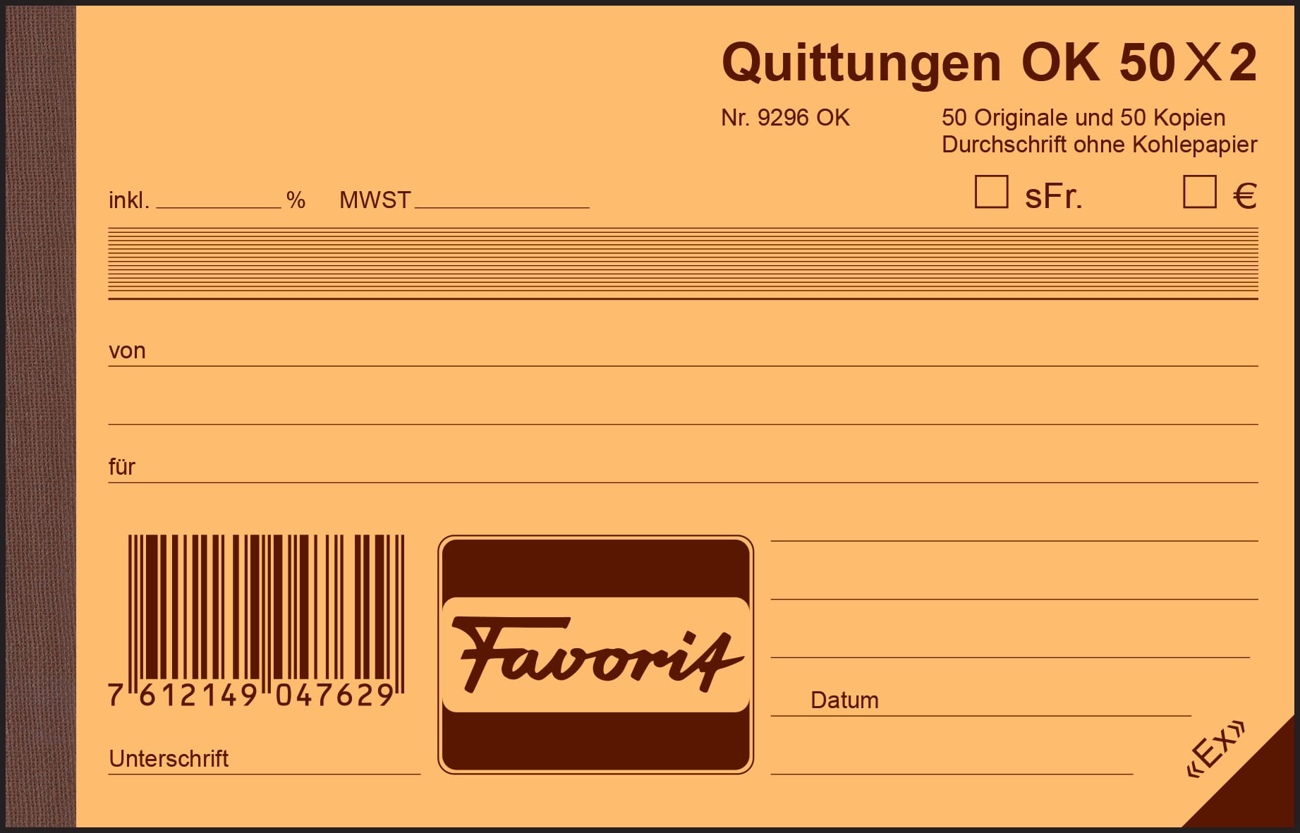 FAVORIT-9296-OK-7612149047629 FAVORIT Quittungen D A6 9296 OK blau/weiss 50x2 Blatt – Hochwertig & günstig bei ShopDeca