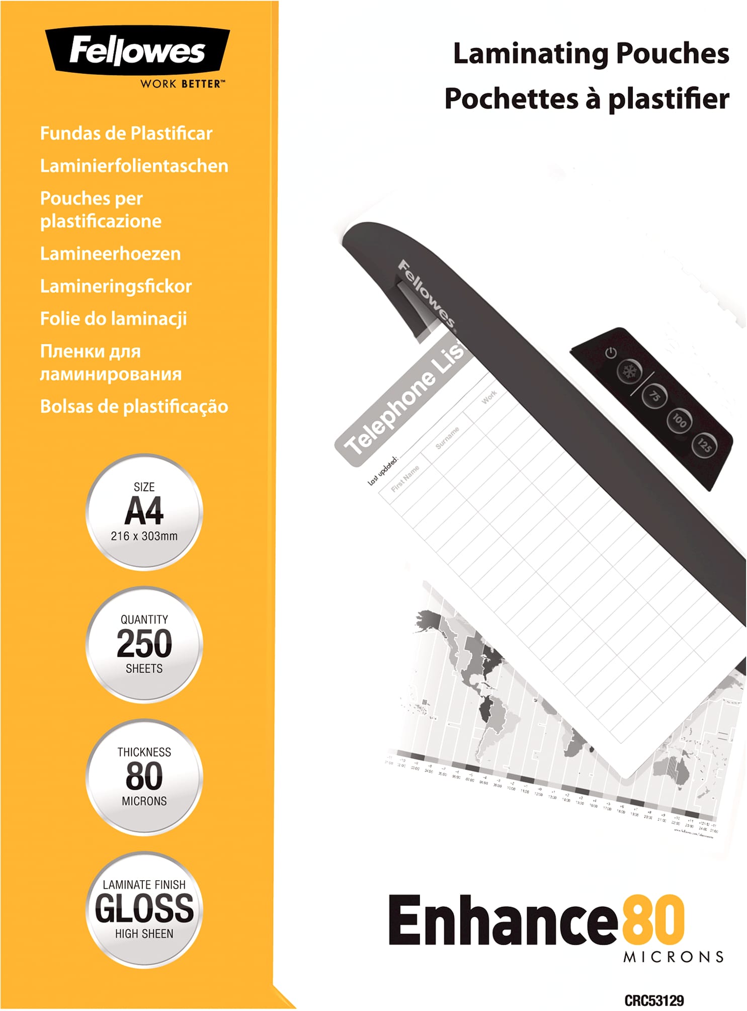FELLOWES-5312903-0043859521838 FELLOWES Laminiertasche A4 5312903 glanz, 80my 250 Stk – Hochwertig & günstig bei ShopDeca