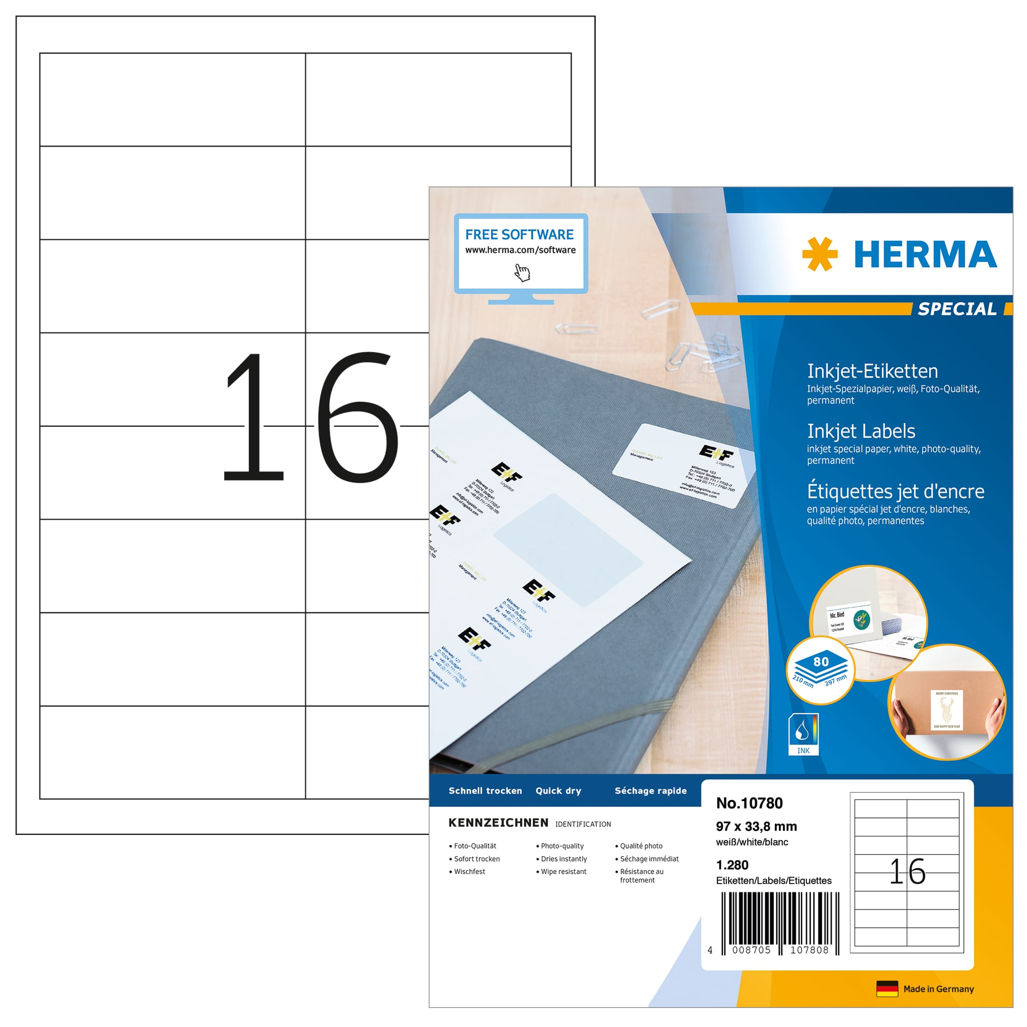 HERMA-10780-4008705107808 HERMA Etiketten Inkjet 97x33.8mm 10780 weiss 1280 Stk./80 Blatt – Hochwertig & günstig bei ShopDeca