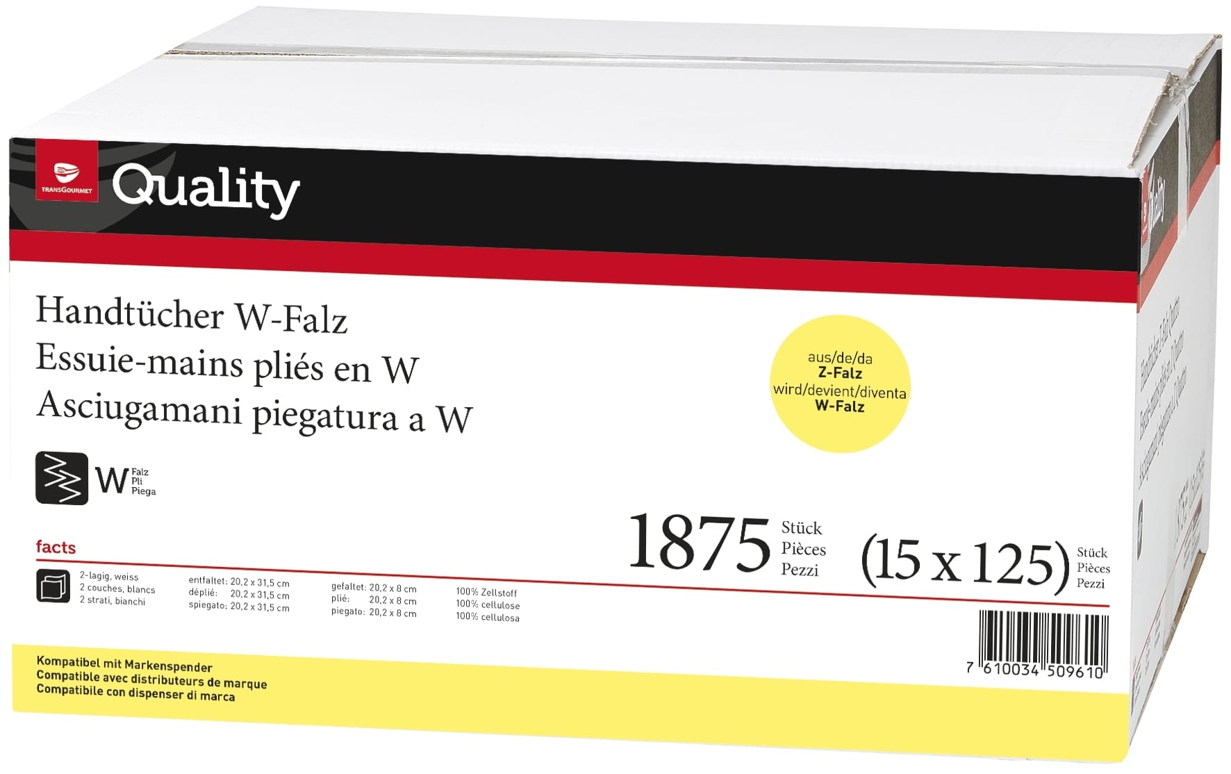 Effiziente Einweg-Handtücher | Z-Falzung | Pack à 125 Stk. QUALITY Falthandtuch 2lg. 20